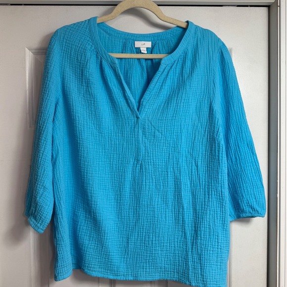 J. Jill Tops - J. Jill Blue Double Gauze Cotton Split Neck 3/4 Sleeve Tunic Top Large